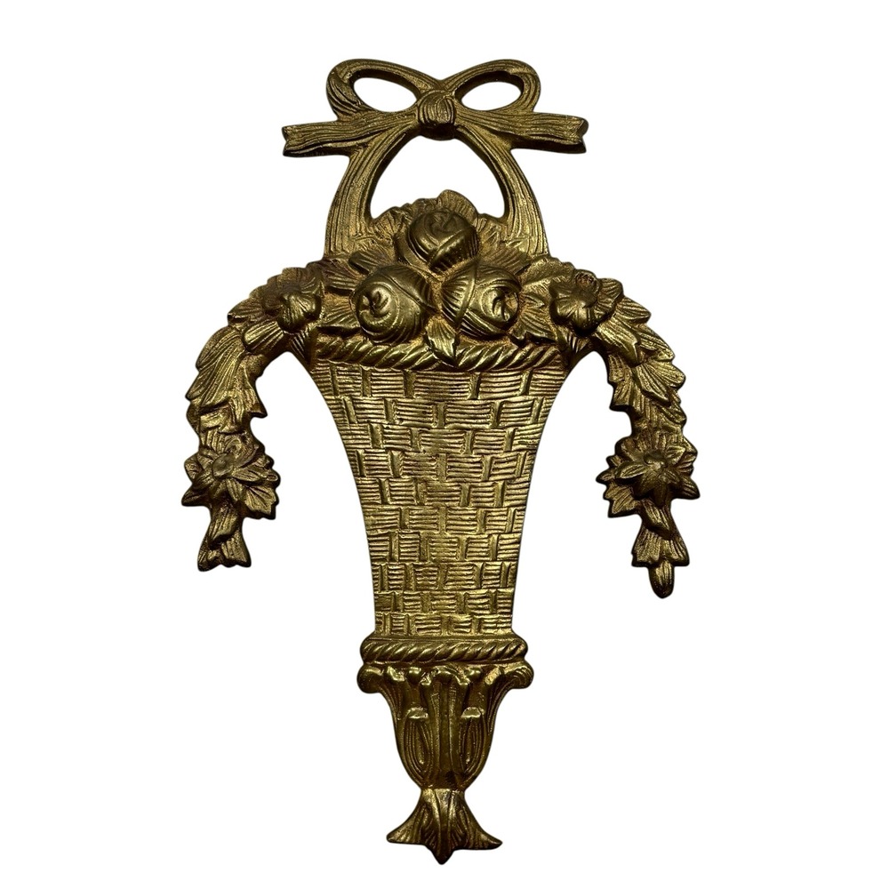 Vintage Brass Floral Basket‎ Bow Wall Plaque French Countryside Regency Ornate